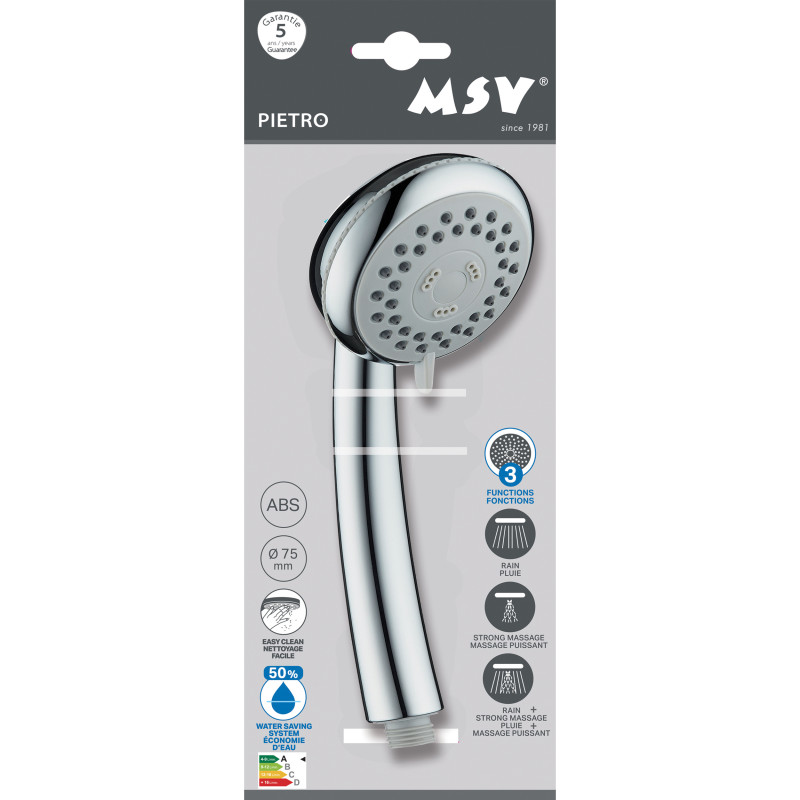 Pommeau de douche à main MSV Pietro 3 fonctions – ABS chromé – Économie d’eau – Picots anti-calcaire Ø75 mm