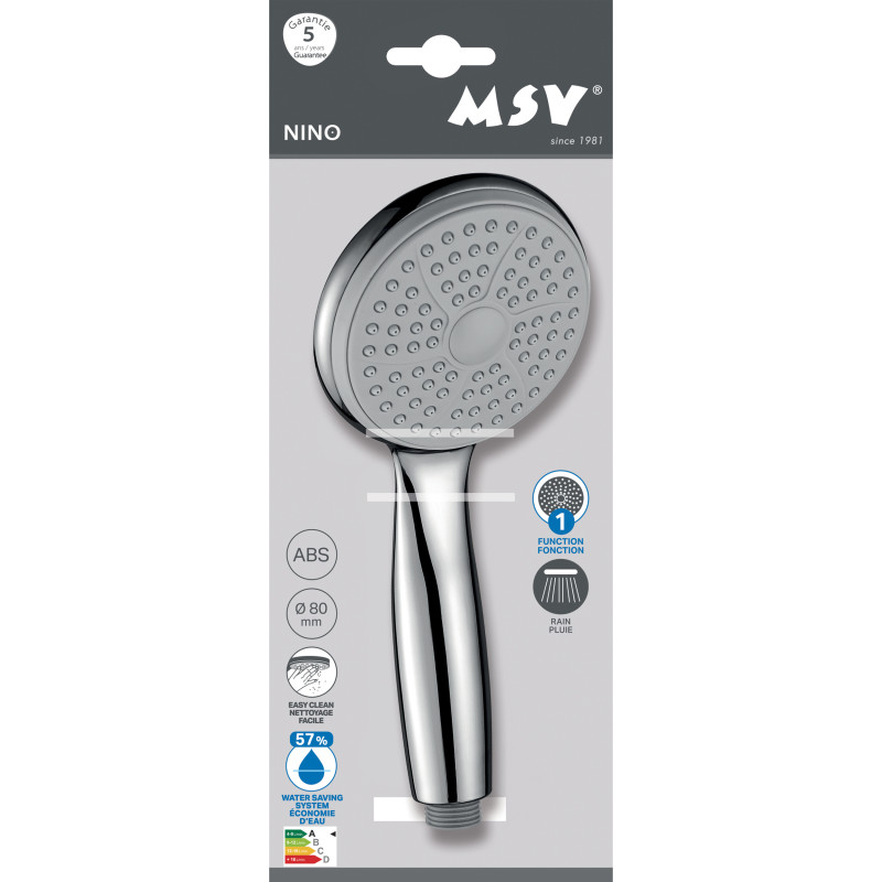 Pommeau de douche Nino Ø80 mm – Chrome / Gris TPR – Jet pluie économique