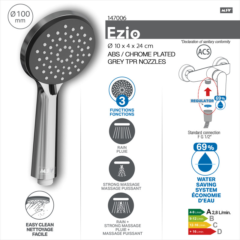 Pommeau de douche MSV Ezio Chrome – 3 fonctions – Économie d’eau 69 % – Ø 100 mm