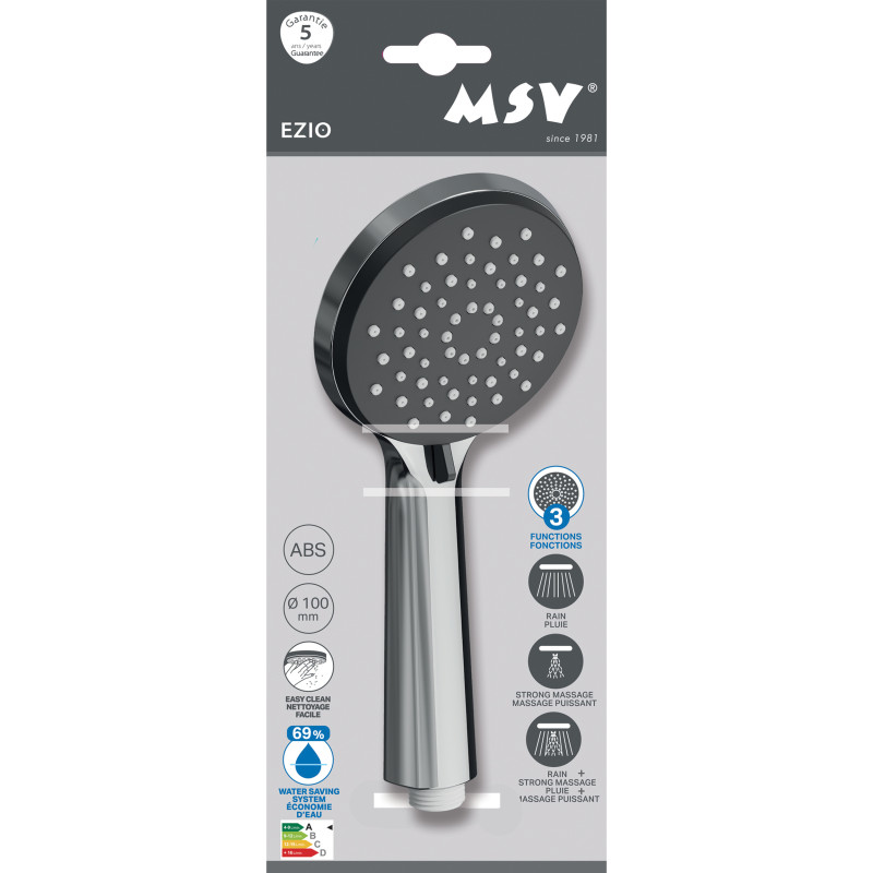 Pommeau de douche MSV Ezio Chrome – 3 fonctions – Économie d’eau 69 % – Ø 100 mm