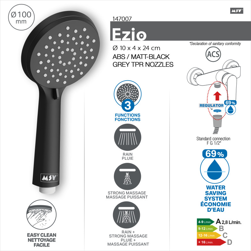 Pommeau de douche MSV Ezio Noir matt – 3 fonctions – Économie d’eau 69 % – Ø 100 mm