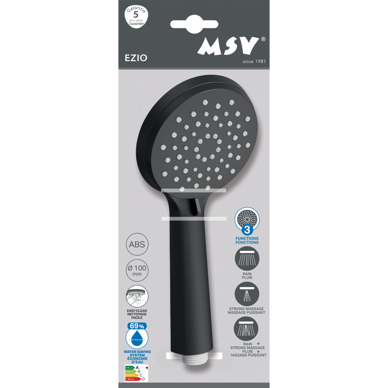 Pommeau de douche MSV Ezio Noir matt – 3 fonctions – Économie d’eau 69 % – Ø 100 mm