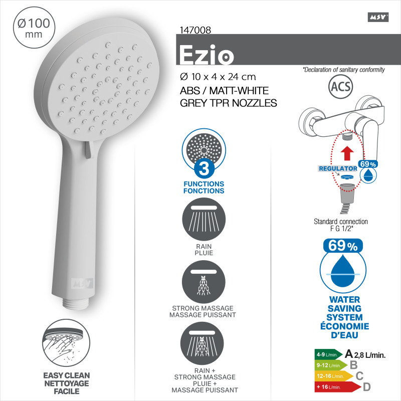 Pommeau de douche MSV Ezio Blanc matt – 3 fonctions – Économie d’eau 69 % – Ø 100 mm