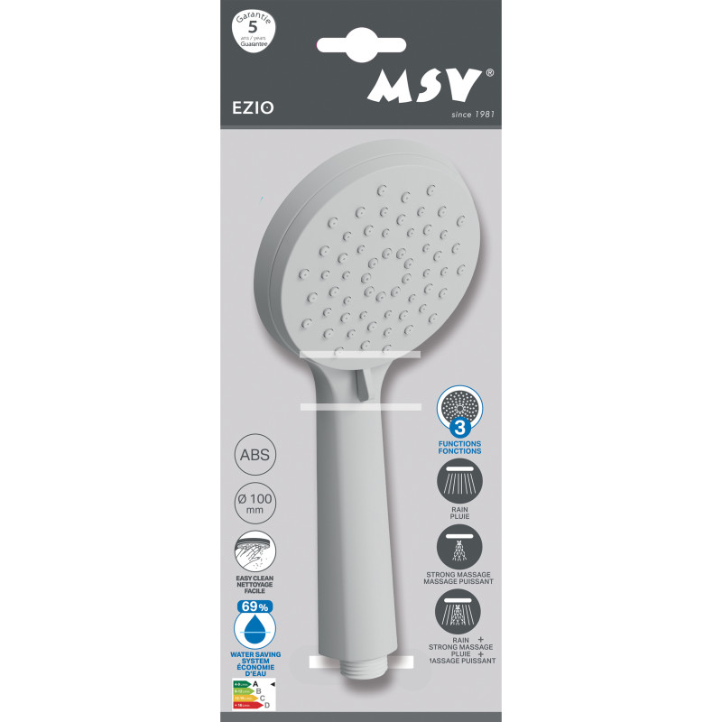 Pommeau de douche MSV Ezio Blanc matt – 3 fonctions – Économie d’eau 69 % – Ø 100 mm