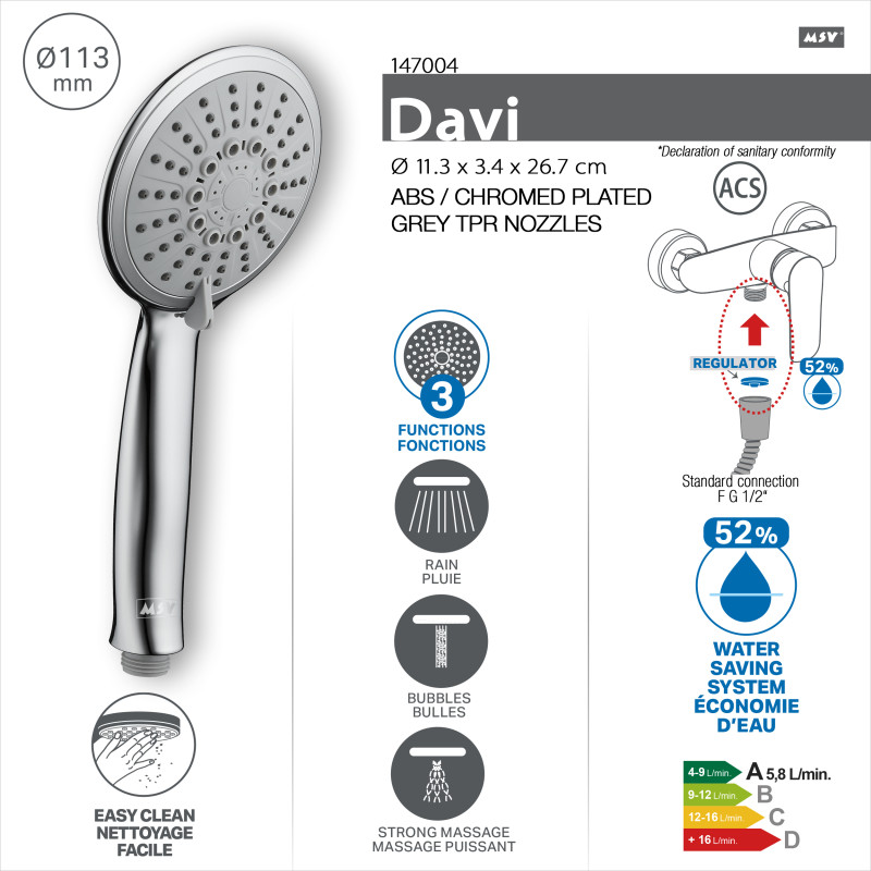 Pommeau de douche MSV Davi Ø 113 mm – 3 jets – Économie d'eau 52 % – Chromé