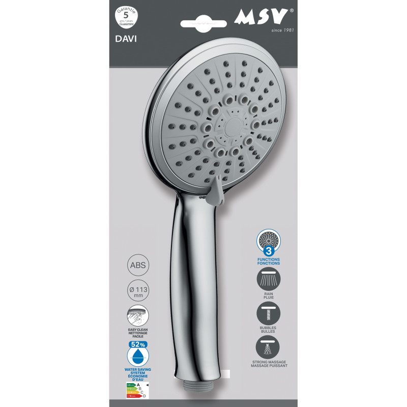 Pommeau de douche MSV Davi Ø 113 mm – 3 jets – Économie d'eau 52 % – Chromé