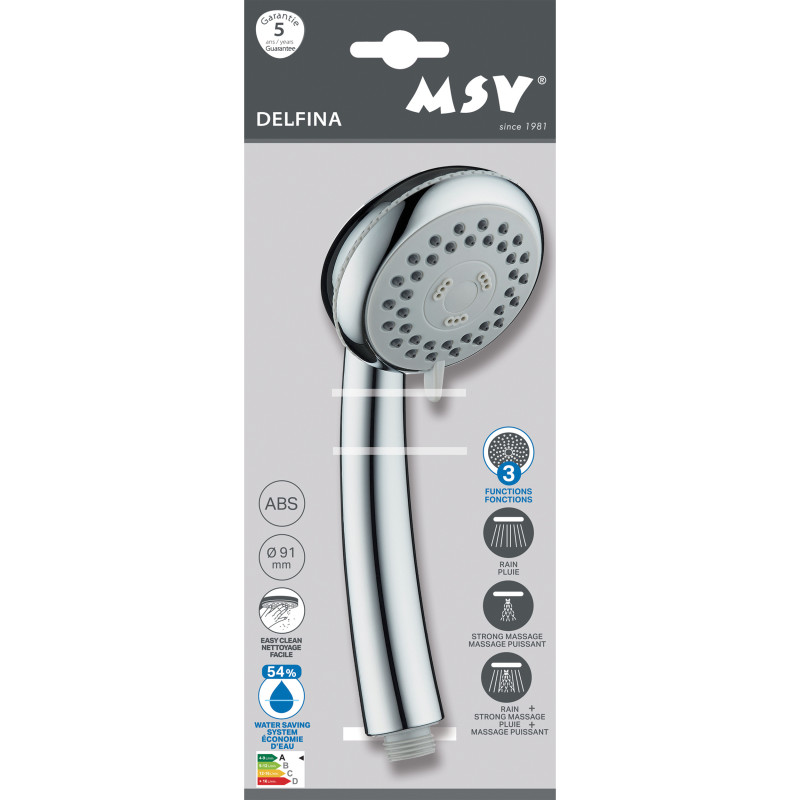 Pommeau de douche MSV Delfina Ø 91 mm – 3 fonctions – Économie d'eau 54 % – Chromé