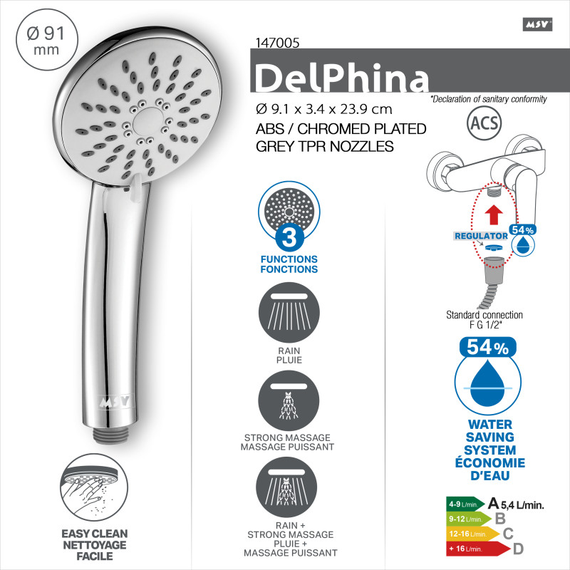 Pommeau de douche MSV Delfina Ø 91 mm – 3 fonctions – Économie d'eau 54 % – Chromé