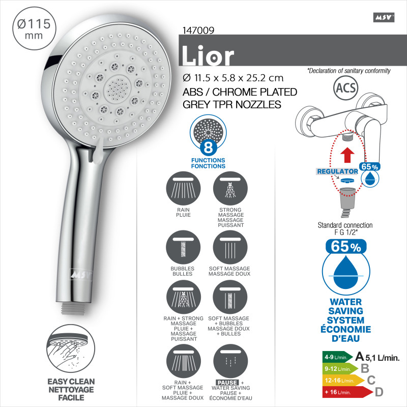 Pommeau de douche MSV Lior Ø 115 mm – 8 fonctions – Économie d'eau 65 % – Chromé