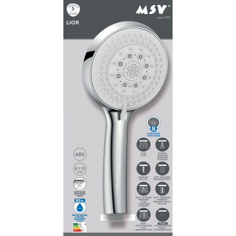 Pommeau de douche MSV Lior Ø 115 mm – 8 fonctions – Économie d'eau 65 % – Chromé