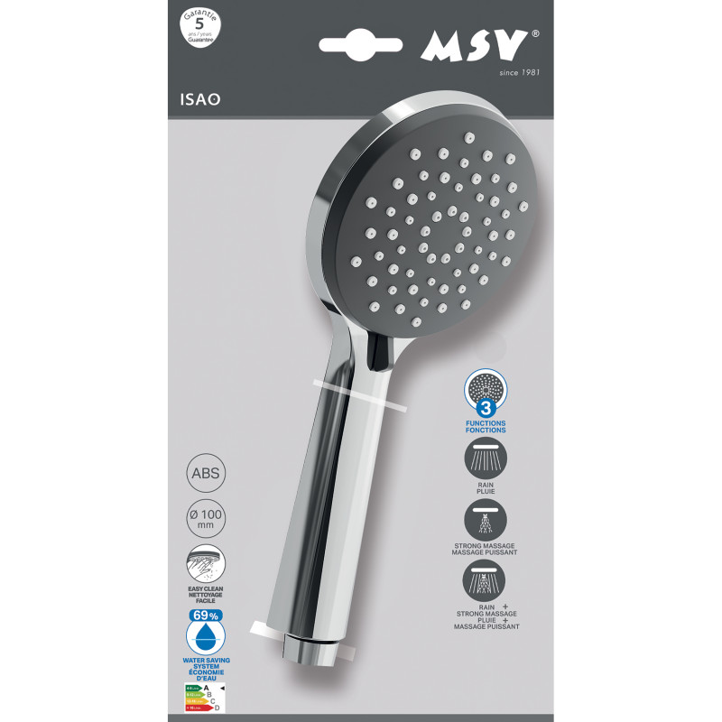 Pommeau de douche MSV Isao Ø 100 mm avec flexible 150 cm – 3 fonctions – Économie d'eau 69 % – Chromé