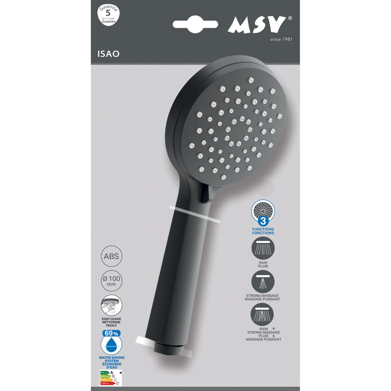Pommeau de douche MSV Isao Ø 100 mm avec flexible 150 cm – 3 fonctions – Économie d'eau 69 % – Noir matt