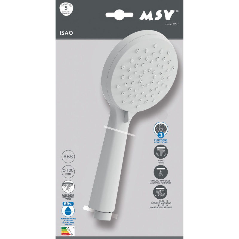 Pommeau de douche MSV Isao Ø 100 mm avec flexible 150 cm – 3 fonctions – Économie d'eau 69 % – Blanc matt