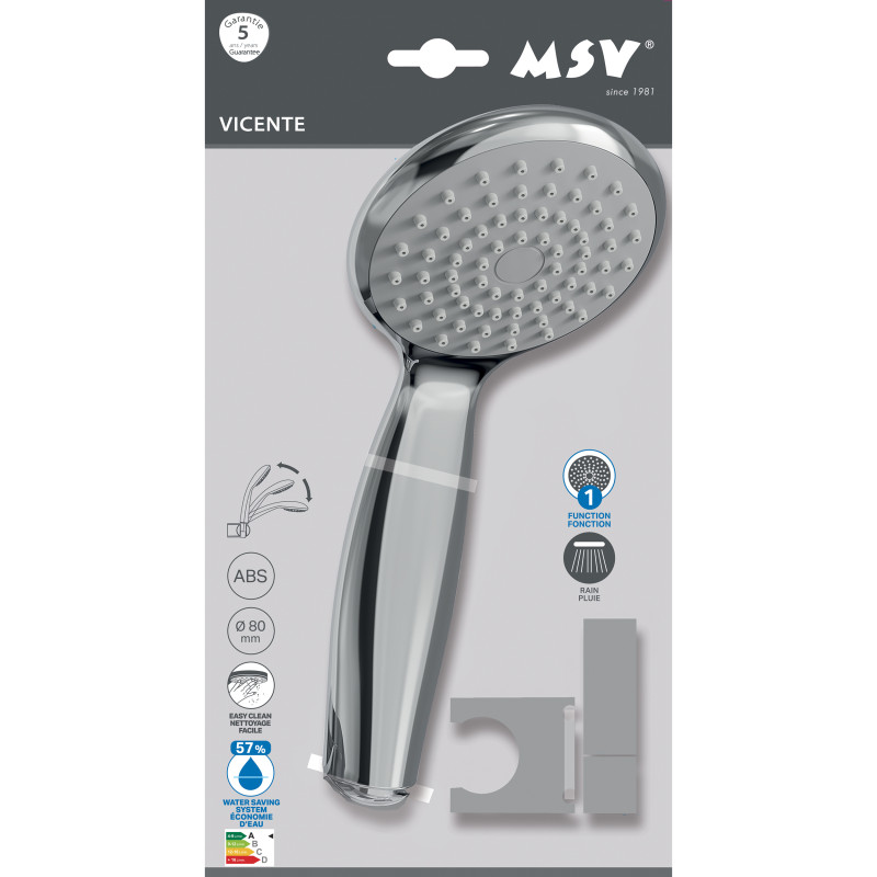 Vicente Handbrause-Set Chrom Ø80 mm mit Wandhalterung und 150 cm PVC-Brauseschlauch