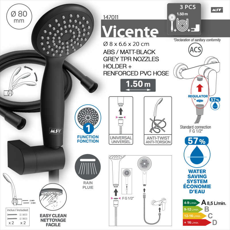 Set de Ducha de Mano Vicente Negro mate Ø80 mm con Soporte de Pared y Flexo PVC de 150 cm
