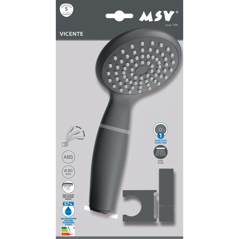 Set de Ducha de Mano Vicente Negro mate Ø80 mm con Soporte de Pared y Flexo PVC de 150 cm