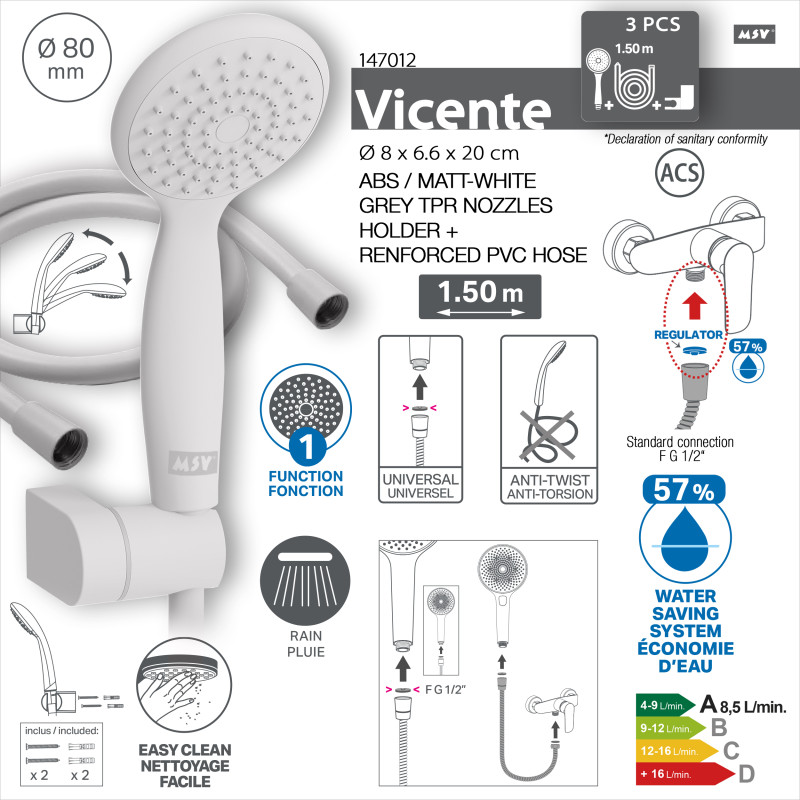 Pommeau de douche Vicente Blanc matt Ø 80 mm avec support mural et flexible 150 cm