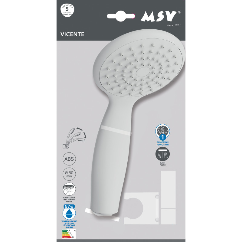 Pommeau de douche Vicente Blanc matt Ø 80 mm avec support mural et flexible 150 cm