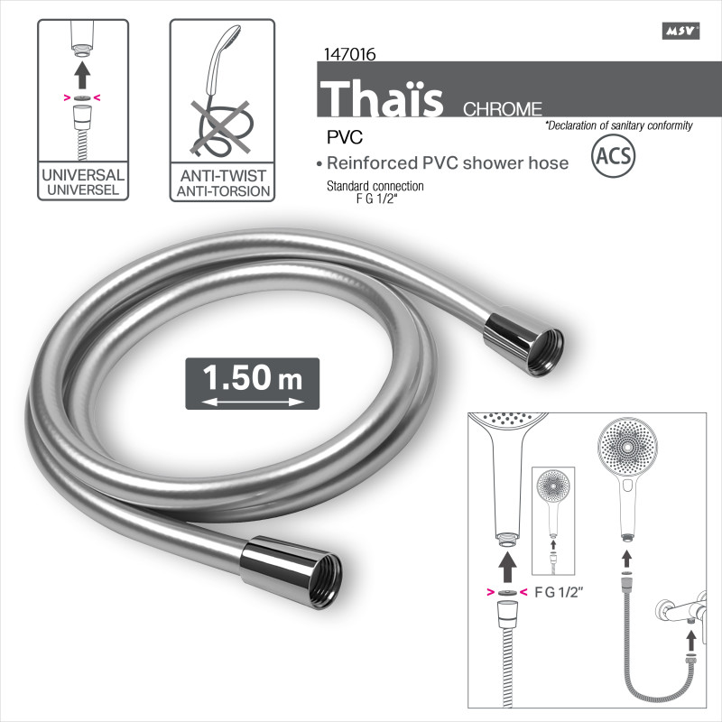 MSV Thaïs – Flexible de douche renforcé PVC 1,50 m Chrome
