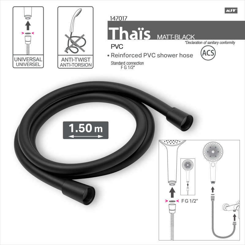 MSV Thaïs – Flexible de douche renforcé PVC 1,50 m Noir matt