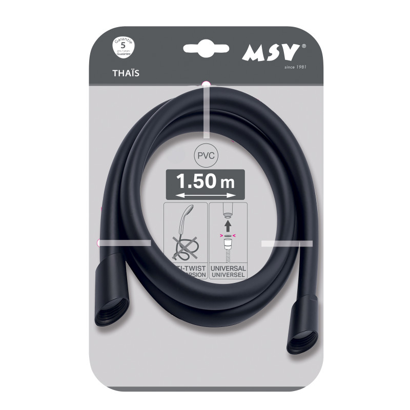 MSV Thaïs – Flexible de douche renforcé PVC 1,50 m Noir matt
