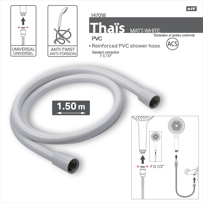 MSV Thaïs – Flexible de douche renforcé PVC 1,50 m Blanc matt