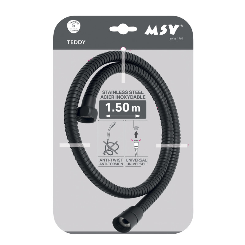 Flexible de douche MSV Teddy 1,50 m Ø14 mm – Double verrouillage anti-torsion – Noir mat