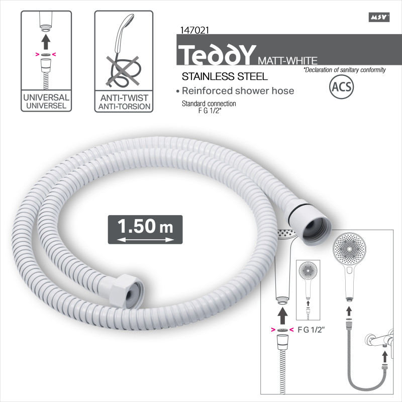 Flexible de douche MSV Teddy 1,50 m Ø14 mm – Double verrouillage anti-torsion – Blanc mat