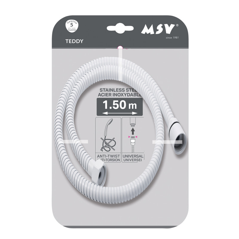 Flexible de douche MSV Teddy 1,50 m Ø14 mm – Double verrouillage anti-torsion – Blanc mat