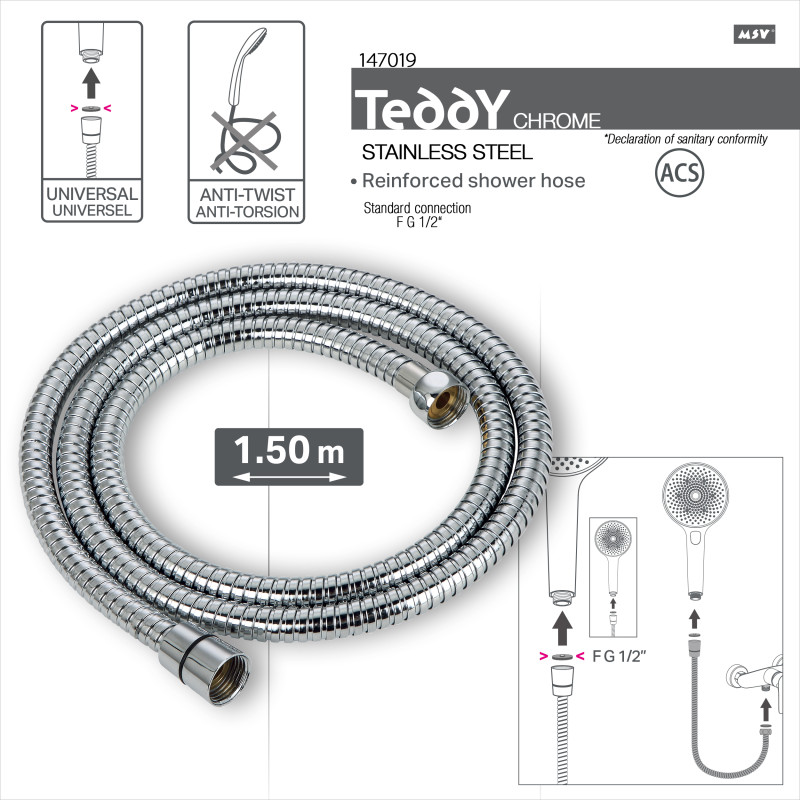 Flexible de douche MSV Teddy 1,50 m Ø14 mm – Double verrouillage anti-torsion – Chrome