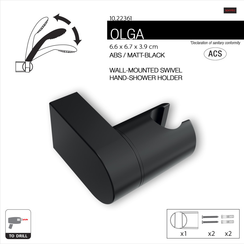 Support mural orientable pour pommeau de douche noir matt – Réglable – Olga ABS