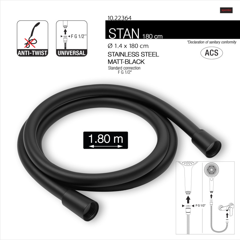 Flexible de douche PVC anti-torsion – 1,80 m – Connexion universelle F 1/2 – ACS