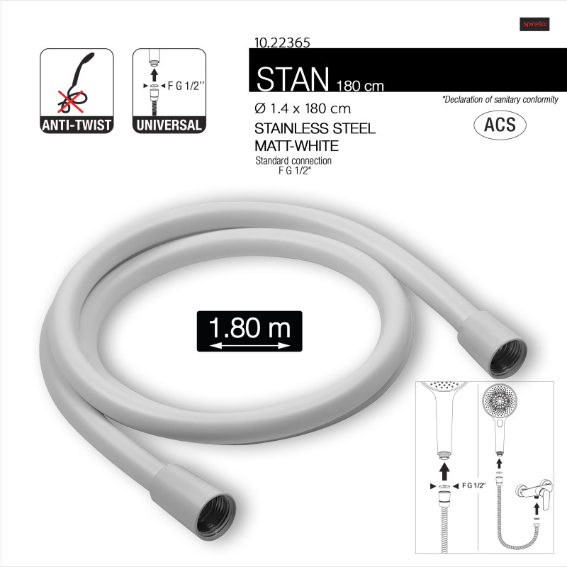 Flexible de douche PVC anti-torsion – 1,80 m – Connexion universelle F 1/2 – ACS