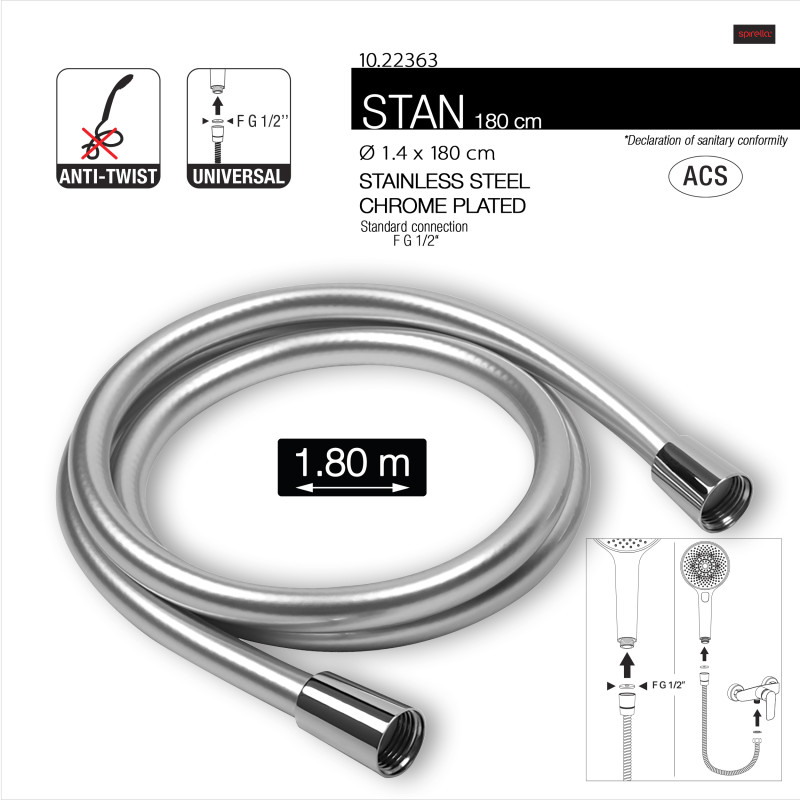 Flexible de douche PVC anti-torsion – 1,80 m – Connexion universelle F 1/2 – ACS