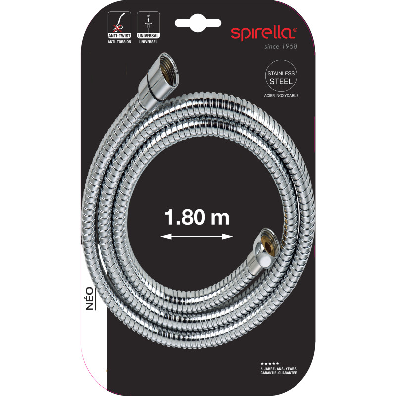 Flexible de douche inox NÉO 1,80 m – Anti-torsion – Connexion universelle F 1/2 – Certification ACS – Chromé Ø 14 mm