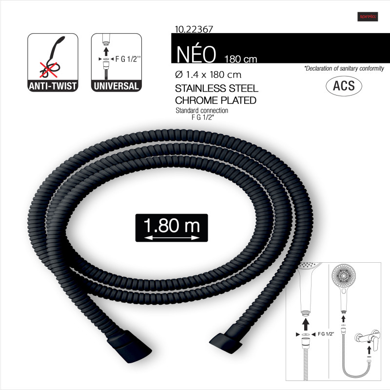 Flexible de douche inox NÉO 1,80 m – Anti-torsion – Connexion universelle F 1/2 – Certification ACS – Noir Ø 14 mm