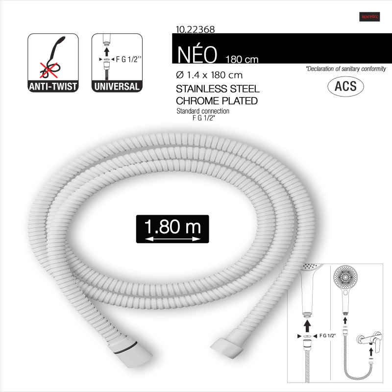 Flexible de douche inox NÉO 1,80 m – Anti-torsion – Connexion universelle F 1/2 – Certification ACS – Blanc Ø 14 mm