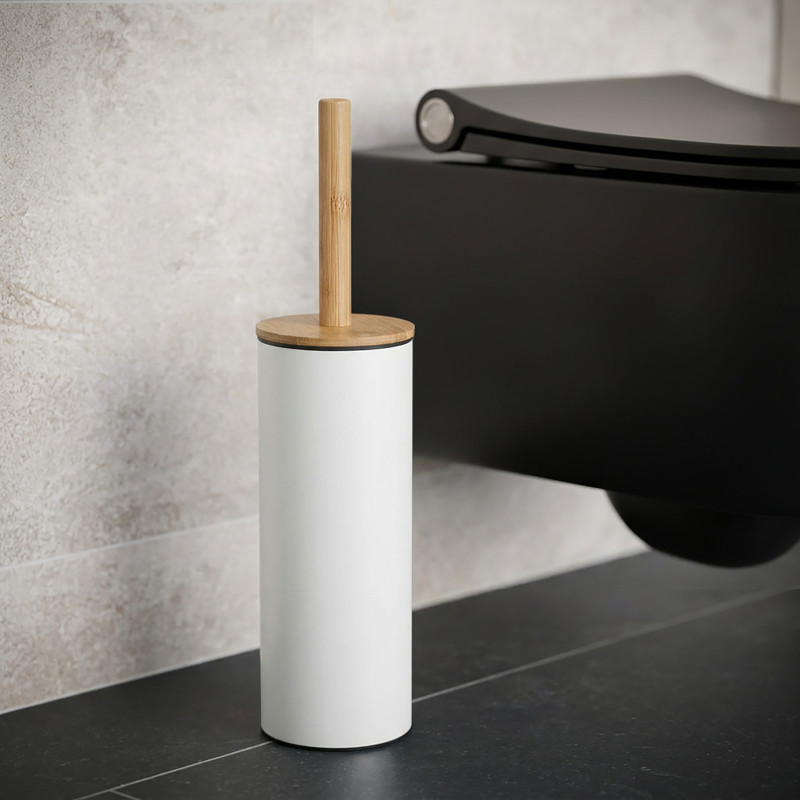 Escobillero con soporte de acero y bambú ADONIS Blanco mate - Cerdas resistentes de silicona Spirella