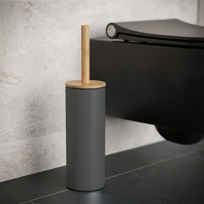 Toilet brush with steel & bamboo holder ADONIS Matt Dark Gray - Resistant silicone bristles Spirella