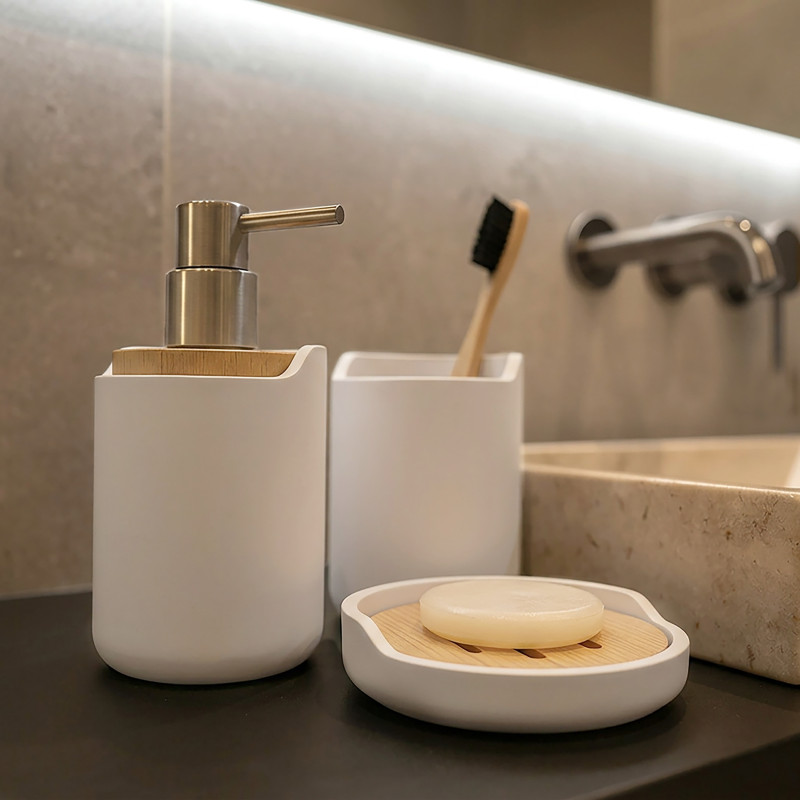 Polyresin & wood soap dish SYBELLA white Spirella