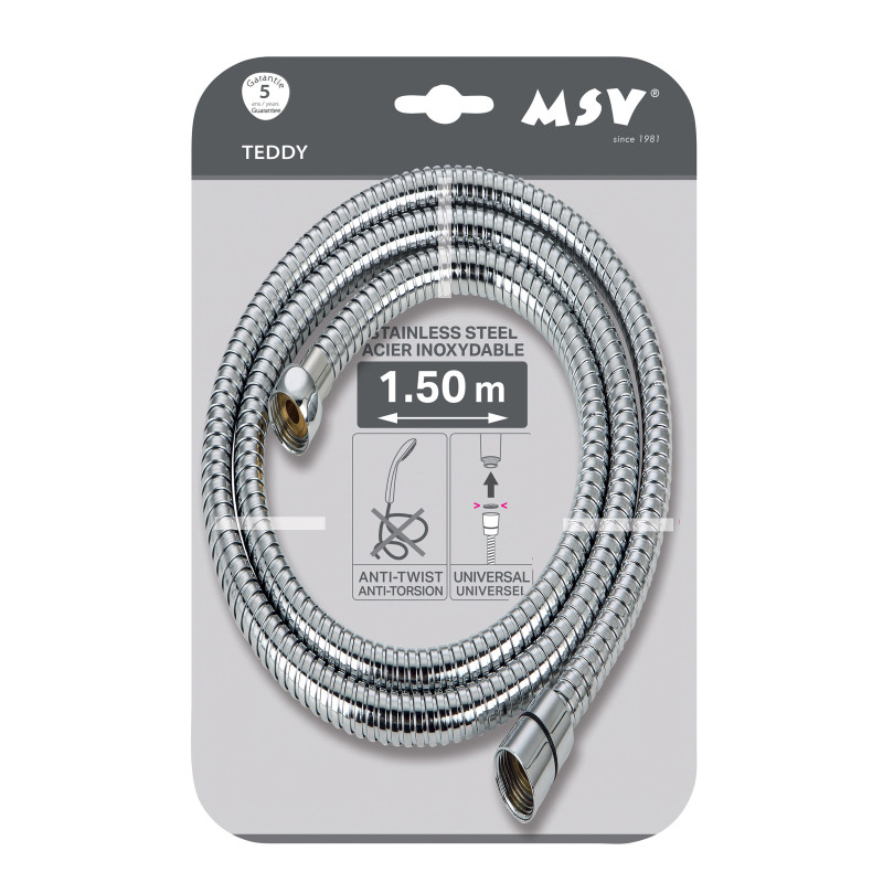 Flexible de douche MSV Teddy 1,50 m Ø14 mm – Double verrouillage anti-torsion – Chrome