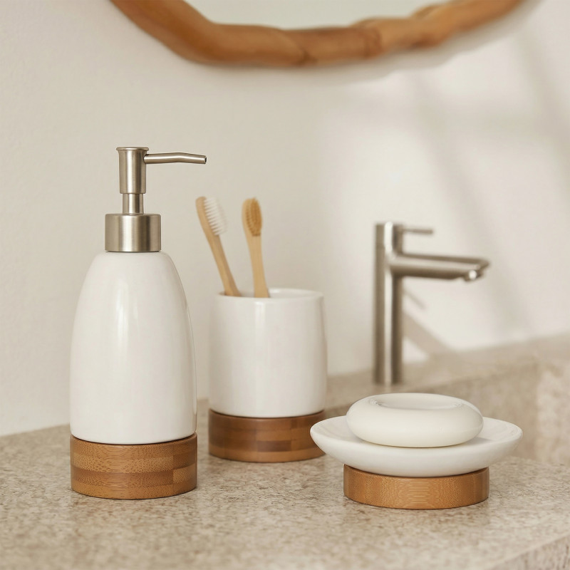 Distributeur de savon Céramique & Bambou TALLINN Blanc MSV