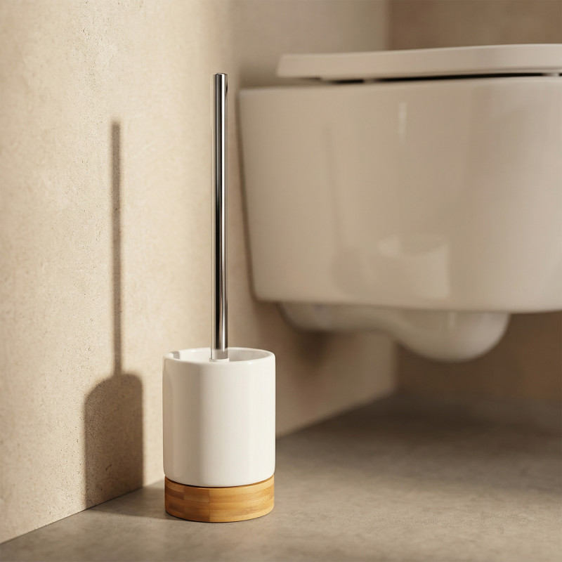 Scopino per WC con supporto in ceramica e bambù TALLINN Bianco MSV