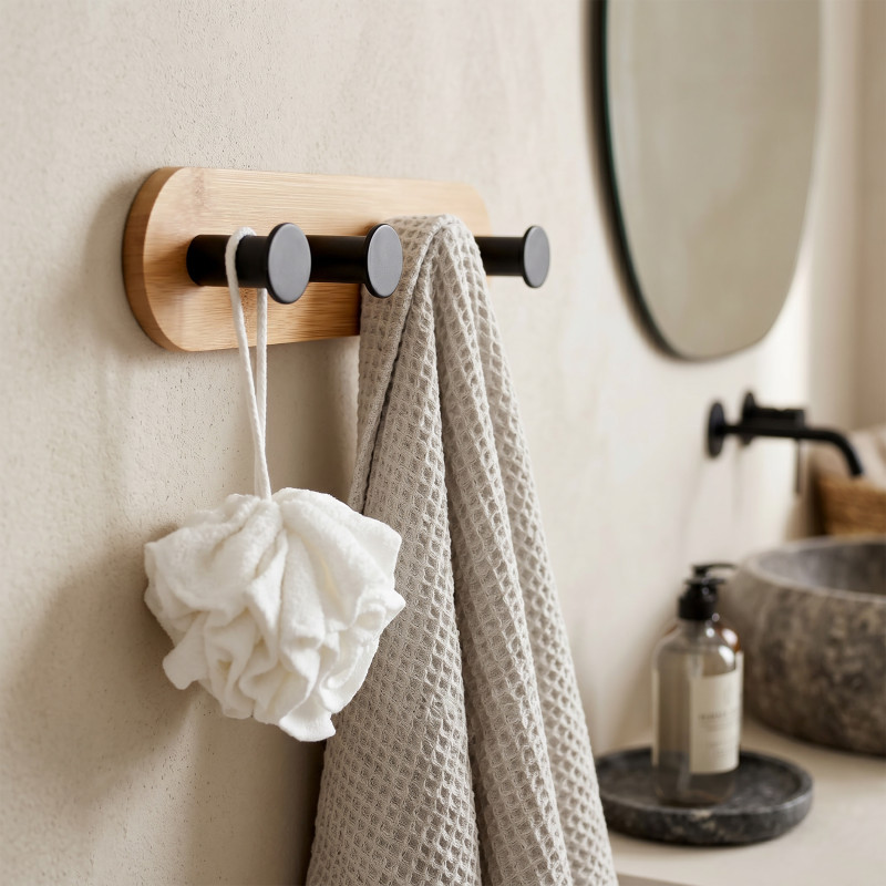 Porte manteaux, patères 4 crochets sans perçage YONO Acier noir & Bambou MSV