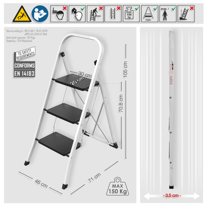 Escalera de tijera de acero plegable de 3 peldaños máx. 150 kg (46 x 71 x 105 cm) MSV