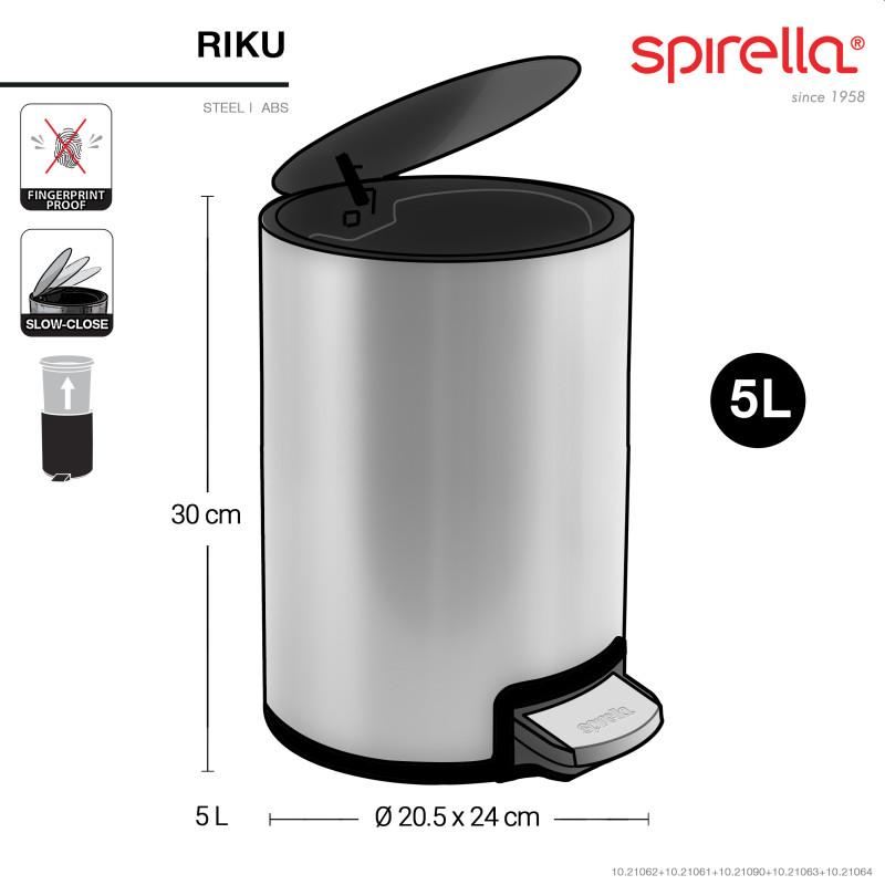 Poubelle à  pédale Inox RIKU 5L Gris mat Spirella