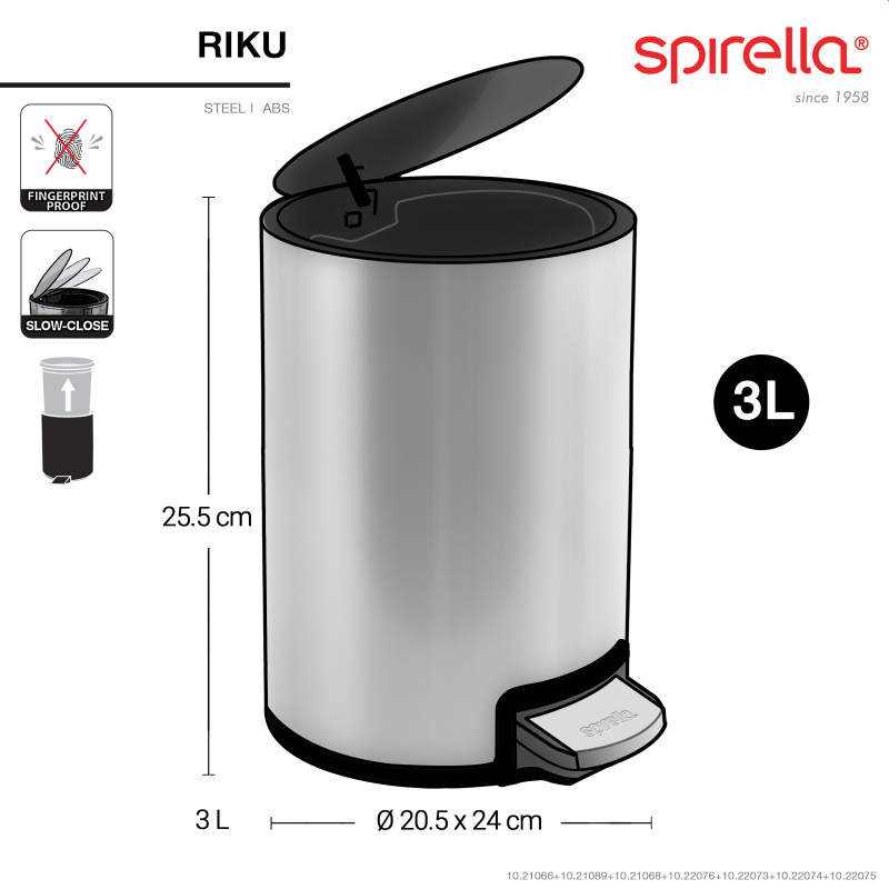 Poubelle à  pédale Inox RIKU 3L Blanc mat Spirella