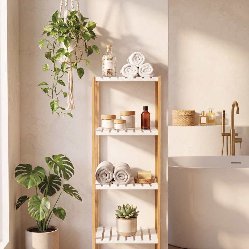 Etagère 4 Niveaux Bambou & MDF Blanc MSV
