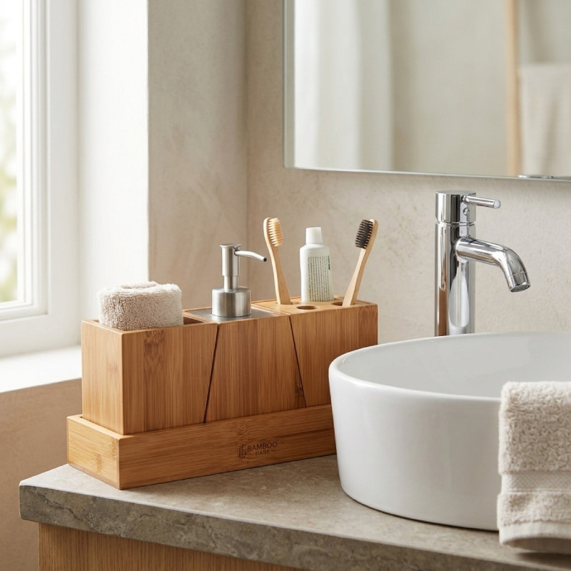 Set de 3 accesorios de baño de acero inoxidable y bambú MSV