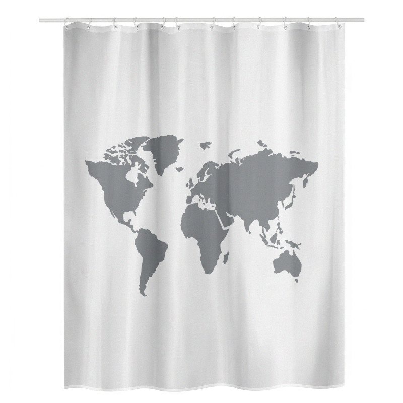 Rideau de douche Polyester WORLD 180x200cm QUALITE PREMIUM Gris & Blanc - Anneaux inclus MSV